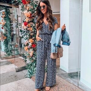 American Eagle Blue Floral Short Sleeve Jumpsuit XS